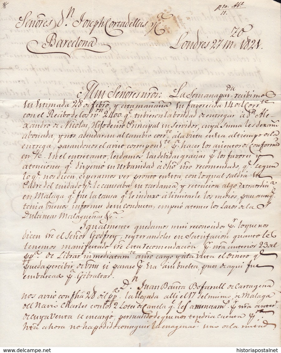 1821. LONDRES A BARCELONA. MARCA ANGLETTERRE EN ROJO. 2/2 CHELINES/PENIQUES Y PORTEO "10" REALES. "VIA FRANCIA". - ...-1840 Préphilatélie