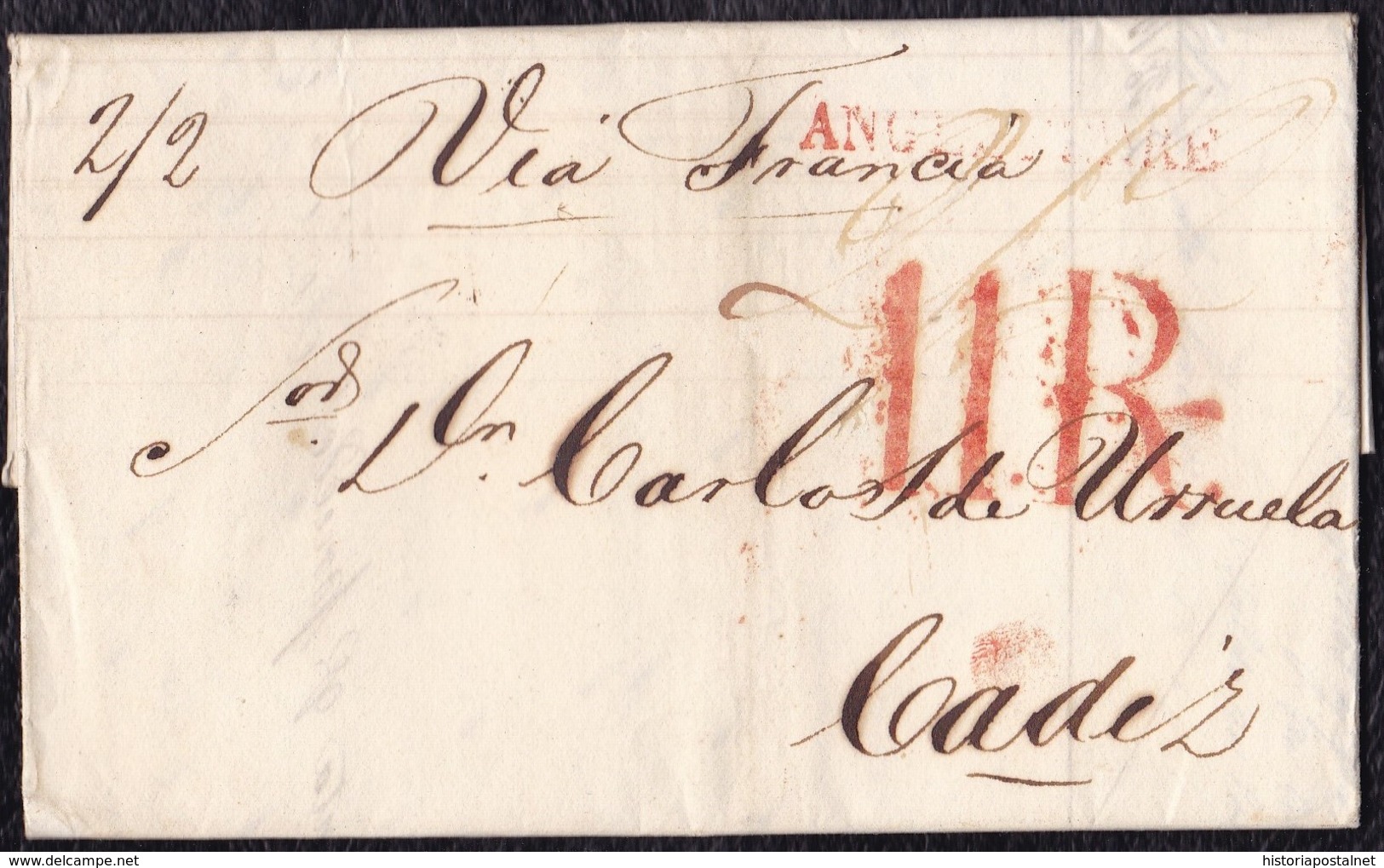 1828. LONDRES A CÁDIZ. MARCA ANGLETTERRE ROJO. PORTEO 2/2 CHELINES/PENIQUES Y PROTEO 11R REALES. INTERESANTE CARTA. - ...-1840 Préphilatélie