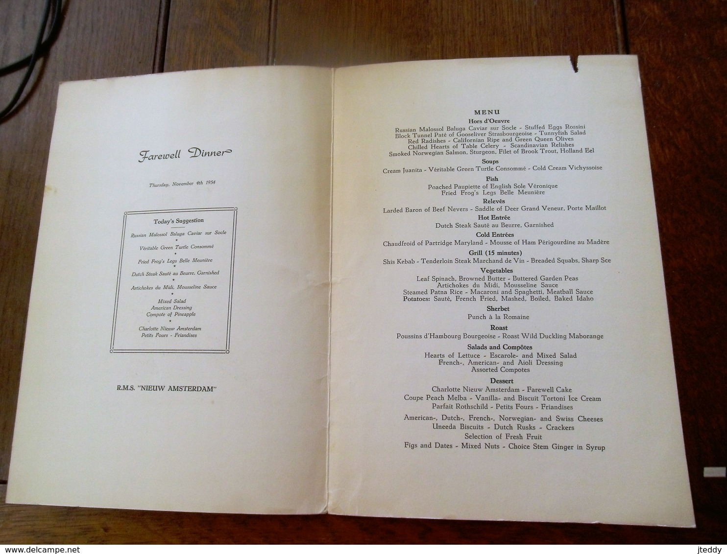 Menu  HOLLAND - AMERICA LINE   Thursday Nov. 4 Th  1954 - Menus