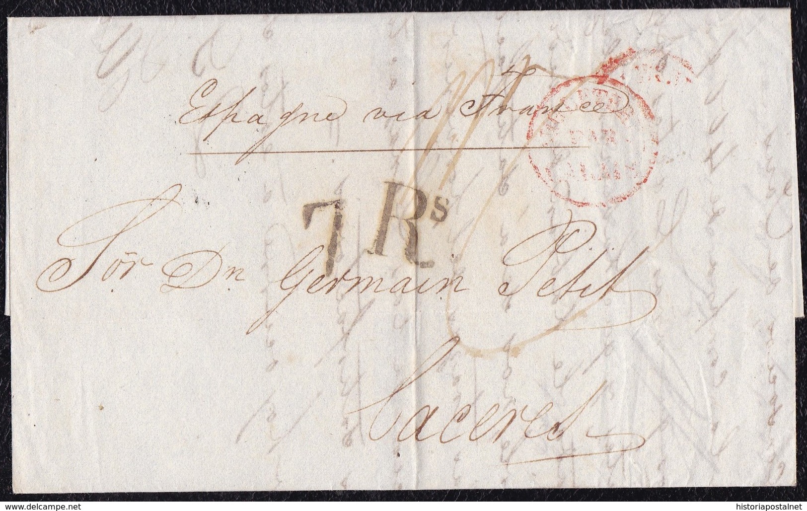 1838. LONDRES A CÁCERES. FECHADOR ANGLETTERRE CIRCULAR ROJO. PORTEO 1 CHELÍN Y 7Rs REALES NEGRO. AL DORSO FECHADOR. - ...-1840 Préphilatélie