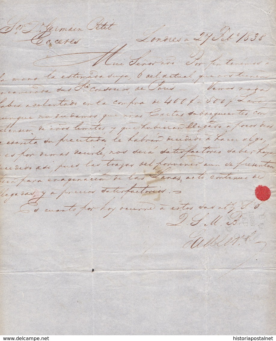 1838. LONDRES A CÁCERES. FECHADOR ANGLETTERRE CIRCULAR ROJO. PORTEO 1 CHELÍN Y 7Rs REALES NEGRO. AL DORSO FECHADOR. - ...-1840 Préphilatélie