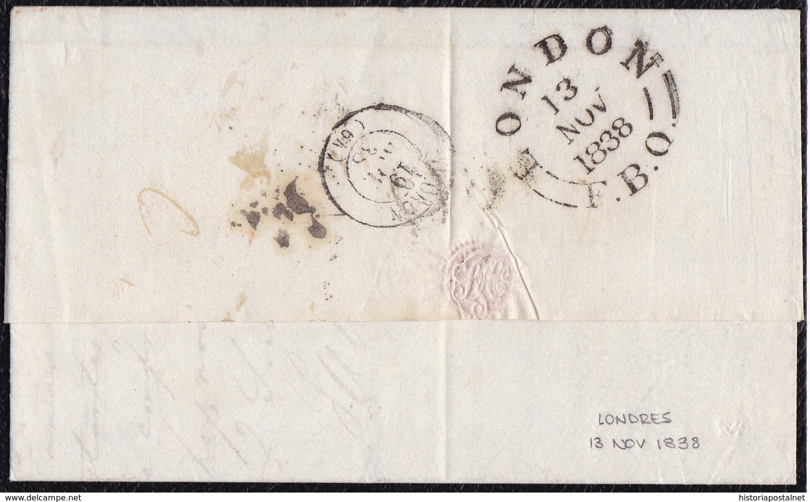 1838. LONDRES A CÁCERES. FECHADOR ANGLETTERRE PER CALAIS CIRCULAR. 1 CHELÍN Y 10Rs NEGRO. AL DORSO FECHADOR. INTERESANTE - ...-1840 Préphilatélie