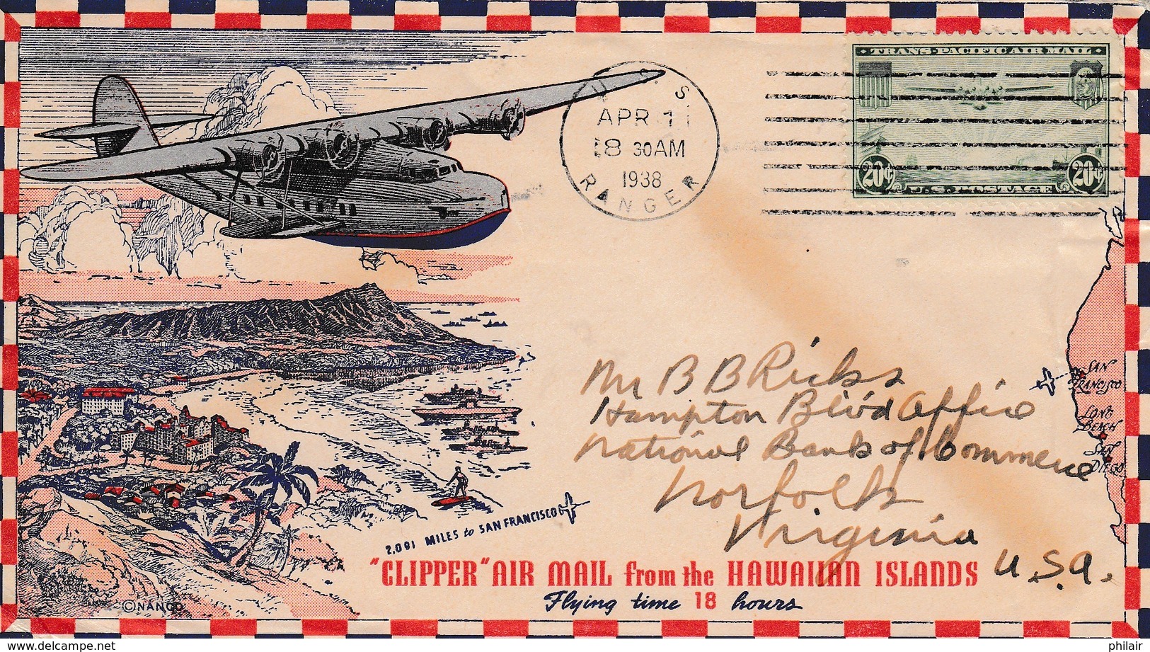 Lettre Par Avion Depuis Le Porte-avions USS "RANGER" à Hawaï Pour Norfolk, Avril 1938 - 1c. 1918-1940 Storia Postale