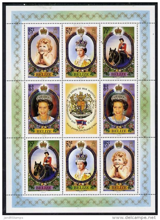 12937 Belize 1986 60th Birthday Of Queen Elizabeth II Perf Sheetlet Containing 2 Sets Of 4 Plus Label (royalty Horses) - Belize (1973-...)