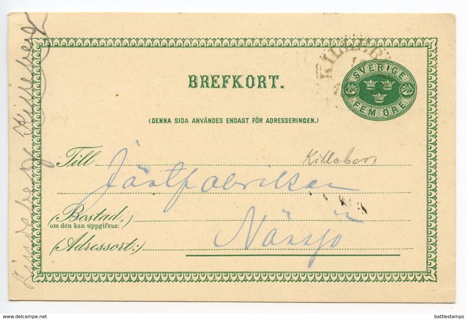 Sweden 1892 5o. Crowns Postal Card Killeberg To Nänsjö - Postal Stationery