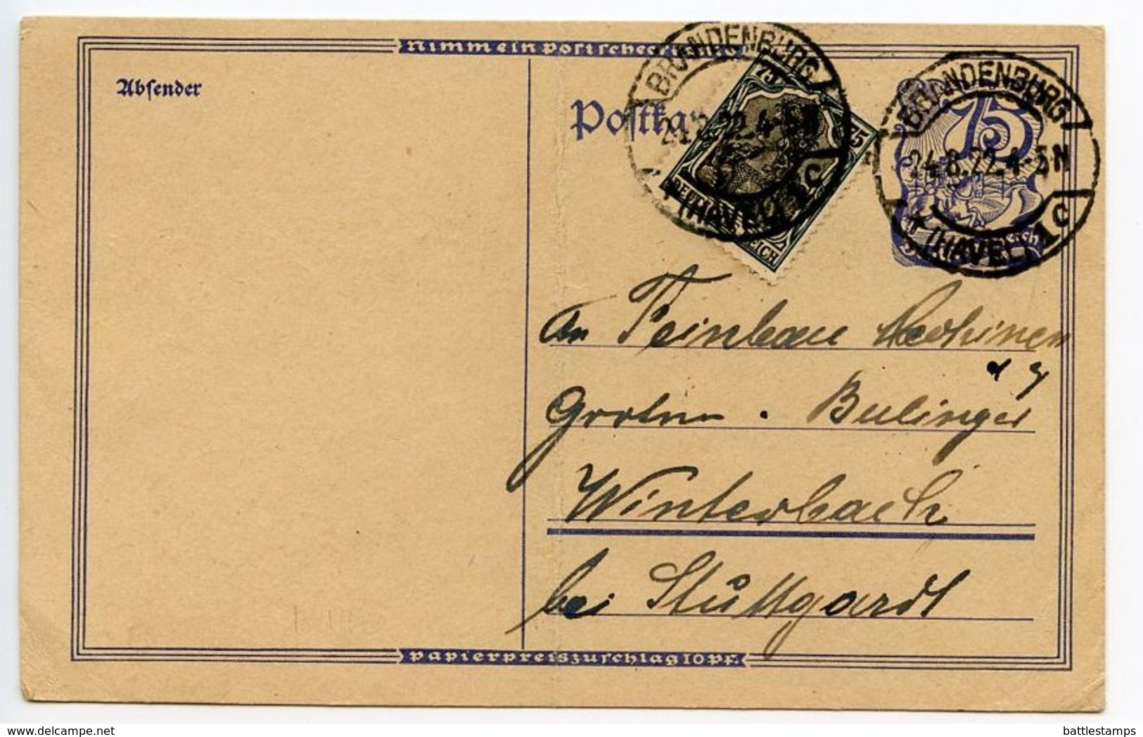 Germany 1922 Uprated Postal Card Brandenburg To Winterbach - Other & Unclassified