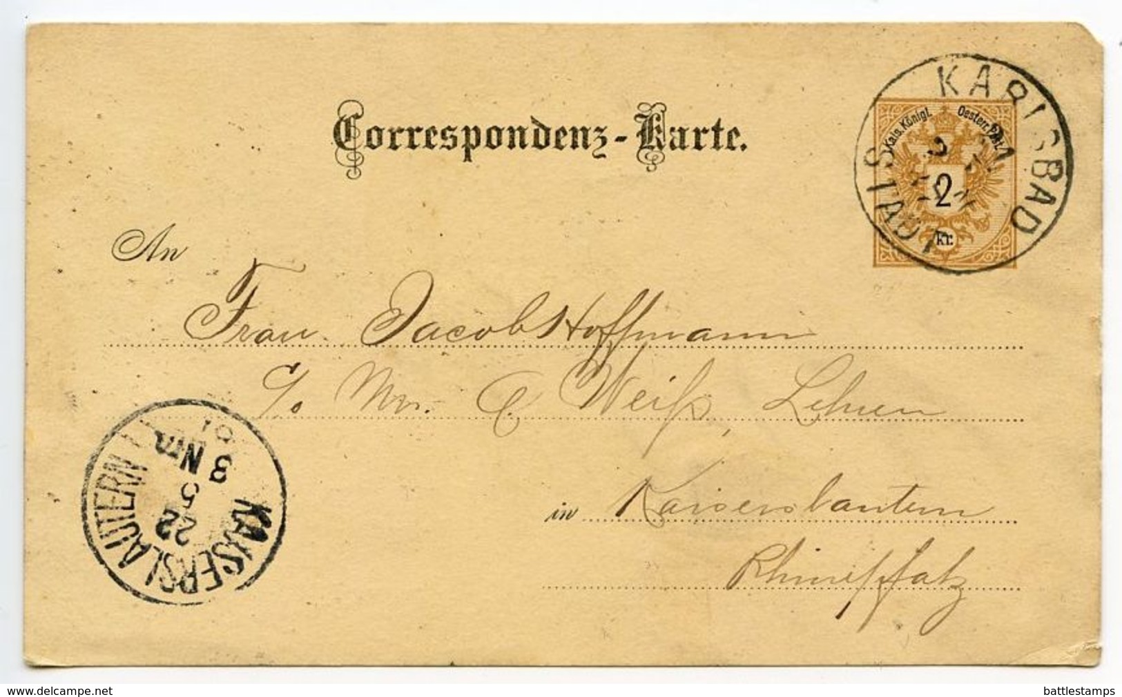 Austria 1887 2kr Eagle Postal Card Karlsbad To Kaiserslautern, Germany - Cartoline