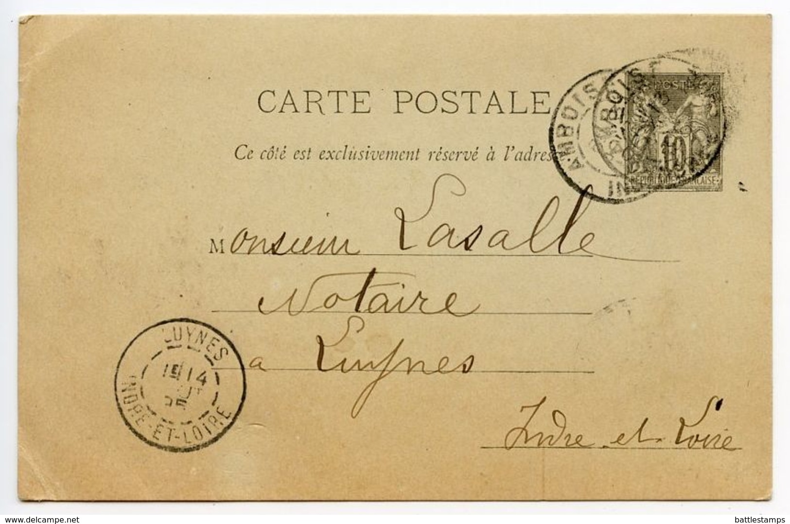 France 1895 10c. Sage Postal Card Amboise To Luynes - Standard Postcards & Stamped On Demand (before 1995)