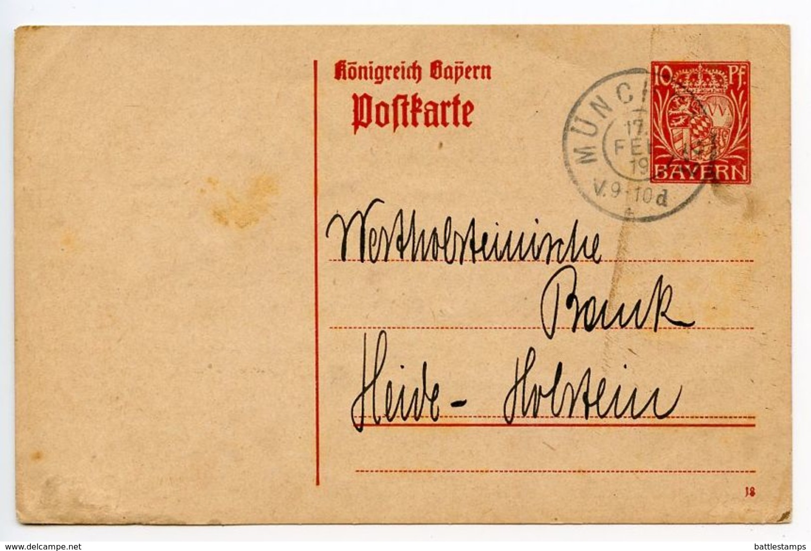 Bavaria 1919 10pf Coat Of Arms Postal Card München To Heide-Holstein - Postal  Stationery