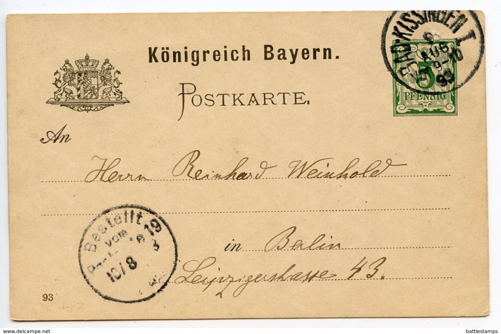 Bavaria 1893 5pf Numeral Postal Card Bad-Kissingen To Berlin - Postal  Stationery