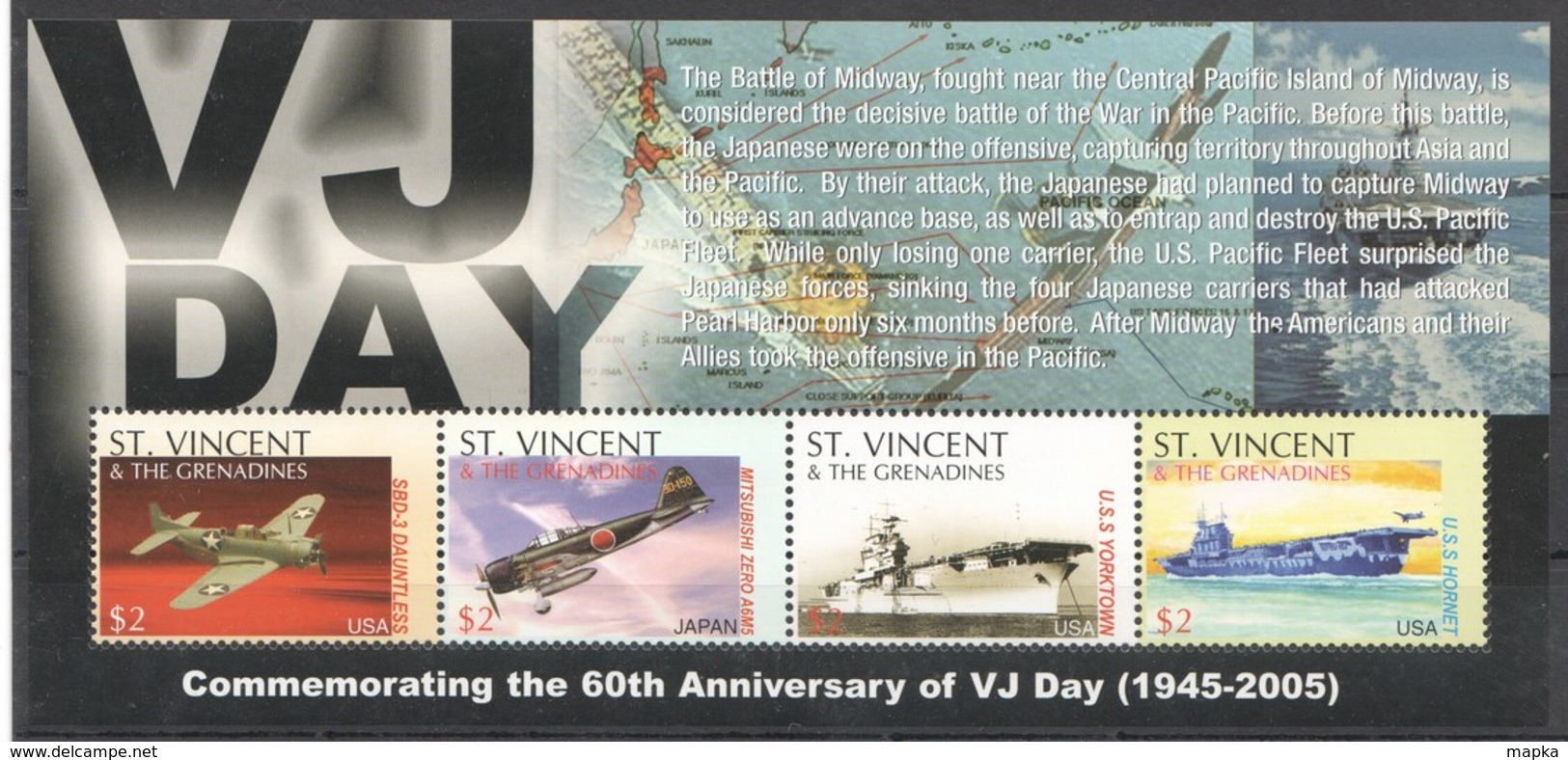 K222 ST.VINCENT MILITARY & WAR TRANSPORTATION 60TH ANNIVERSARY OF VJ DAY 1KB MNH - 2. Weltkrieg