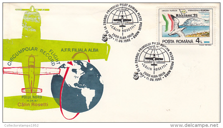 D7792- CALIN ROSETTI, FIRST ROMANIAN CIRCUMPOLAR FLIGHT, PLANE, SPECIAL COVER, 1992, ROMANIA - Polar Flights