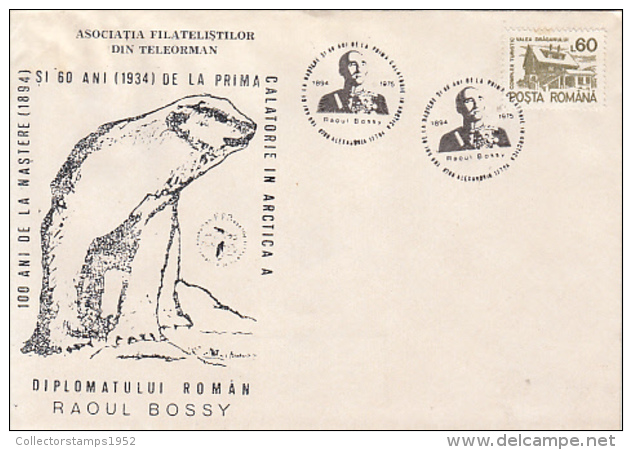 D7795- RAOUL BOSSY ARCTIC EXPEDITION, POLAR BEAR, SPECIAL COVER, 1975, ROMANIA - Expéditions Arctiques