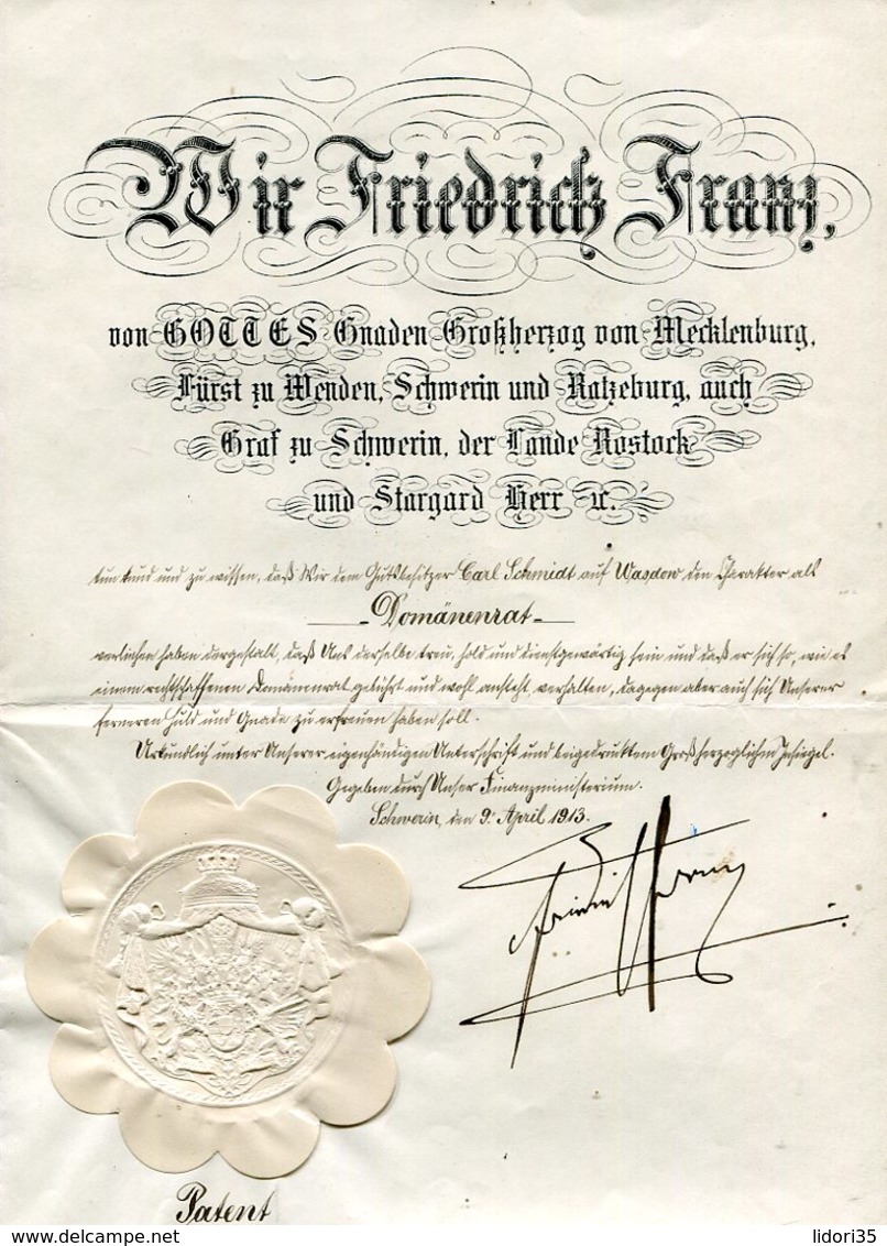 Patent Mit Trockensiegel / 1913 / ..... Friedrich Franz ...... Grossherzog Von Mecklenburg (11726-30) - Historische Dokumente