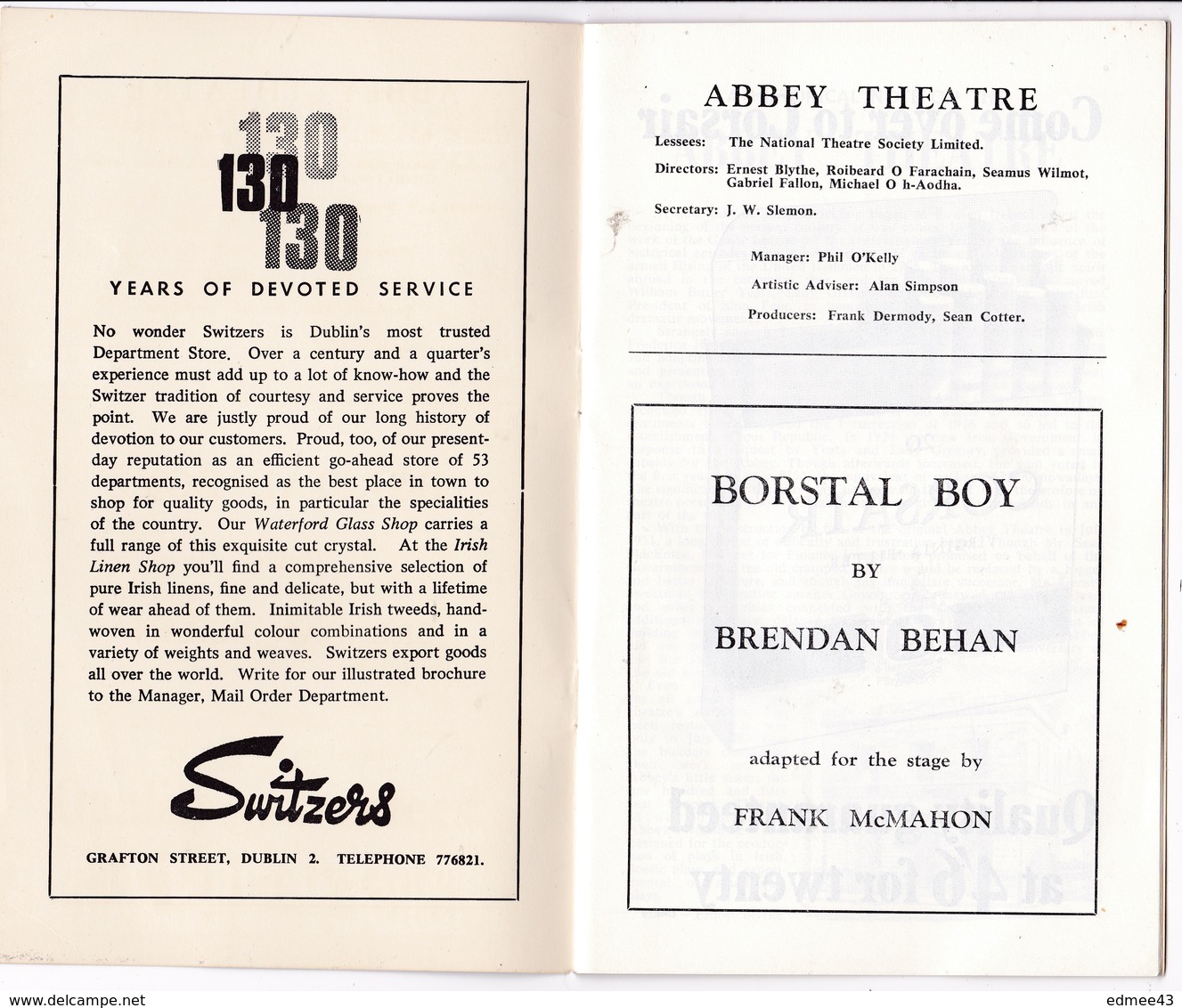 Rare Programme The Abbey Theatre (Dublin, Irlande), Brendan Behan, Borstal Boy, Paris, Mars 1969 - Théâtre & Déguisements