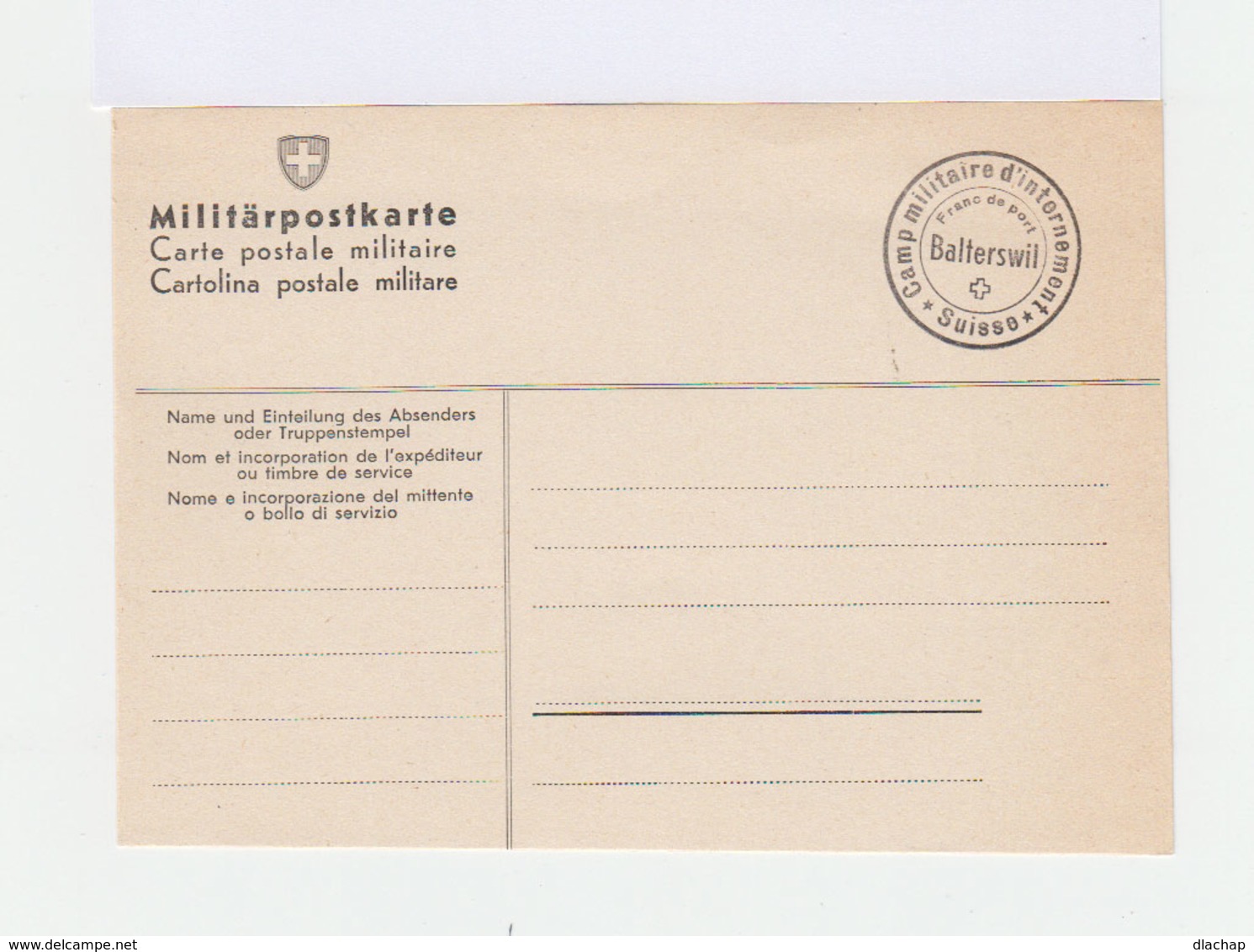 Suisse. Militärpostkarte. Camp Militaire D'internement Balterswil. (560) - Lettres & Documents