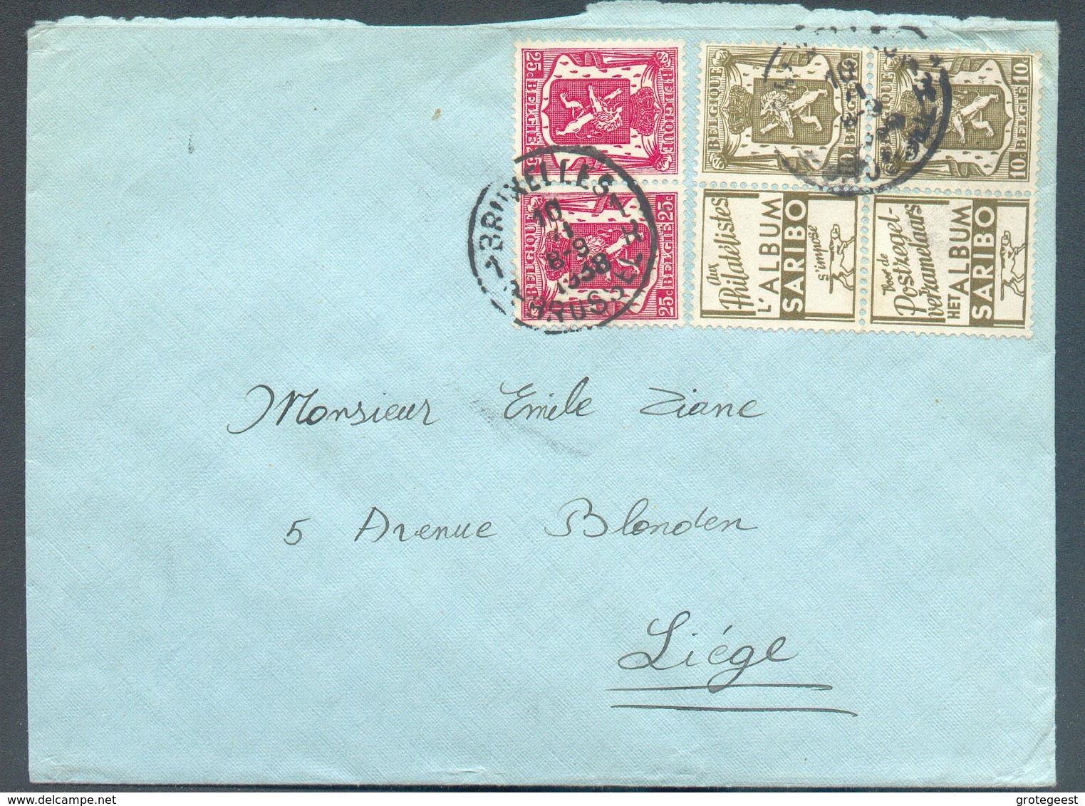 PU74 Et 75 - Tb18 - 10c Et 25c. Petit SCEAU De L'ETAT Album SARIBO Obl. C BRUXELLES Sur Lettre Du 10-II-1938 Vers Liège - Altri & Non Classificati