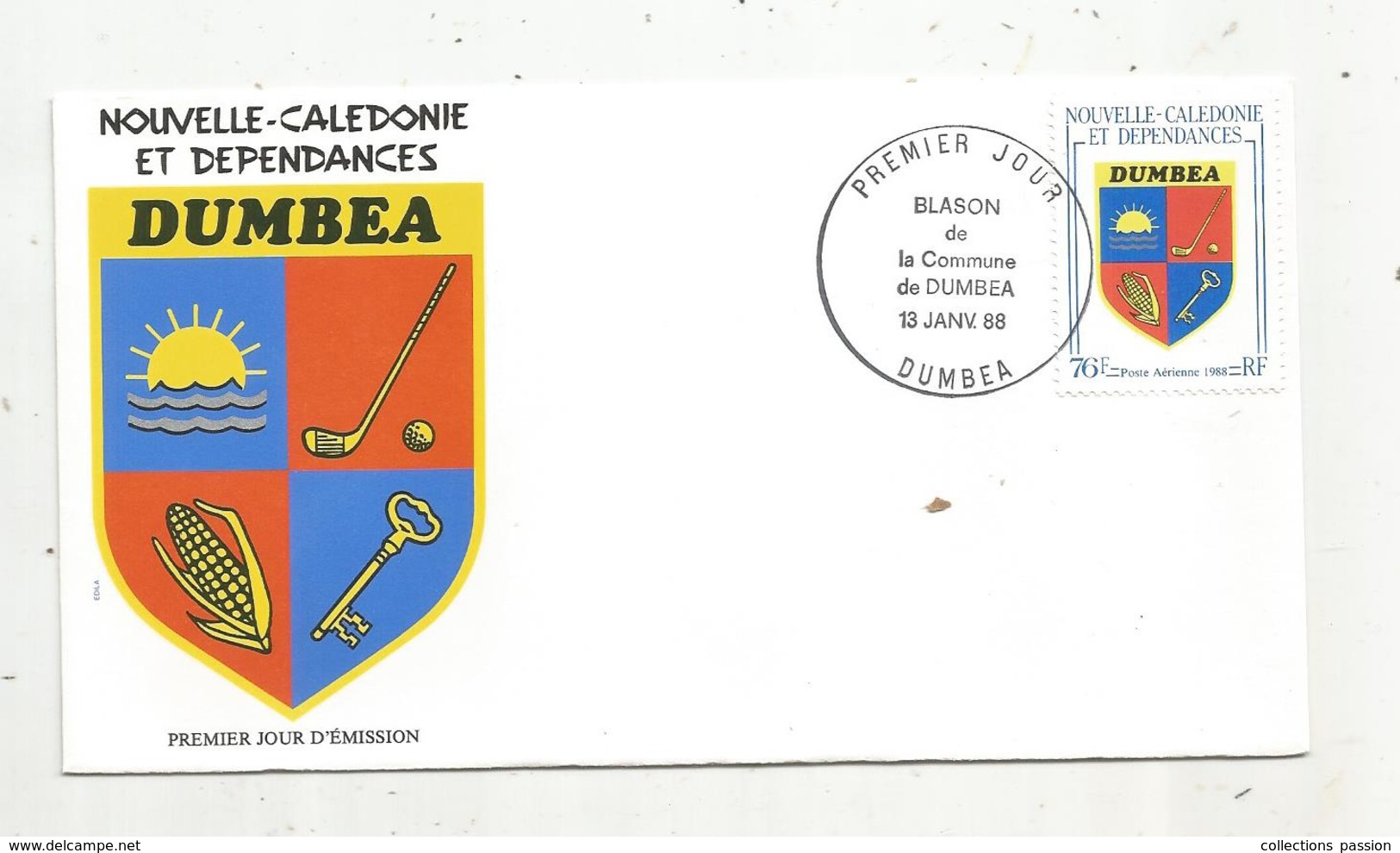 Timbre , Premier Jour , 1988 , NOUVELLE CALEDONIE ET DEPENDANCES , Blason , DUMBEA - FDC