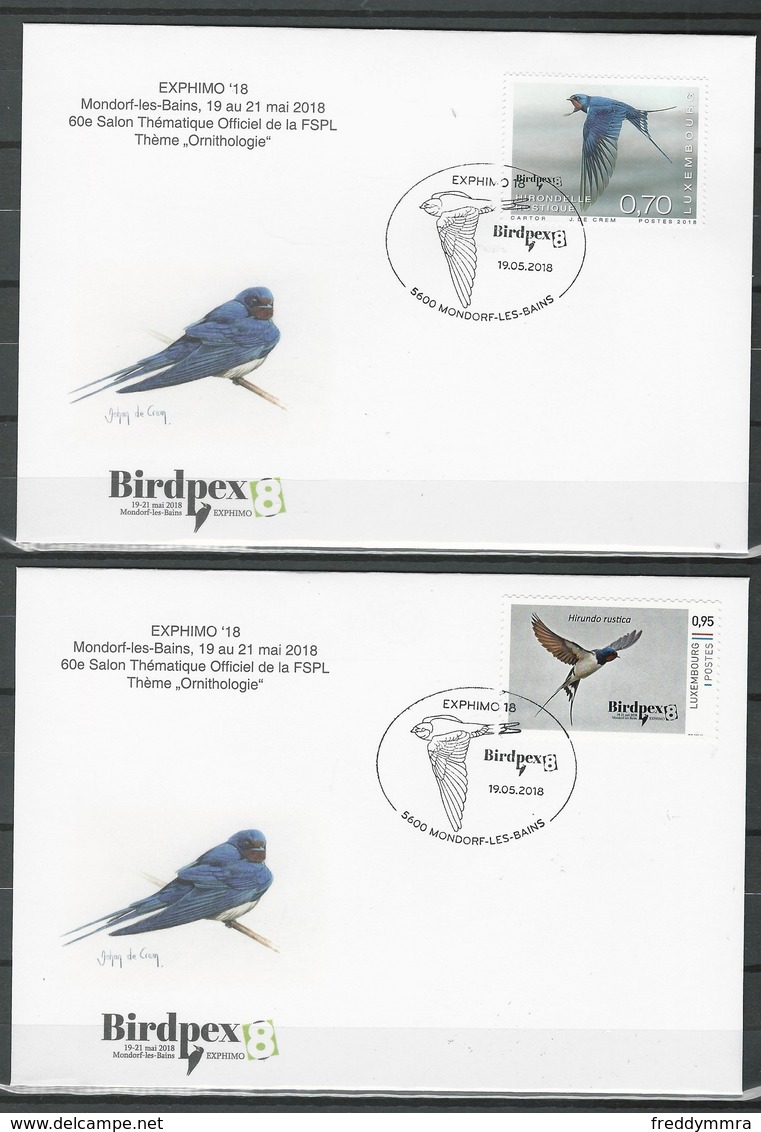 Luxembourg: 2 FDC Hirondelle Rustique (Exphimo 2018) - Swallows