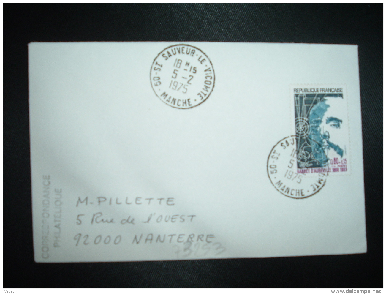 LETTRE TP BARBEY D'AUREVILLY 0,80+0,15 OBL.5-2 1975 50 ST SAUVEUR LE VICOMTE MANCHE - 1961-....