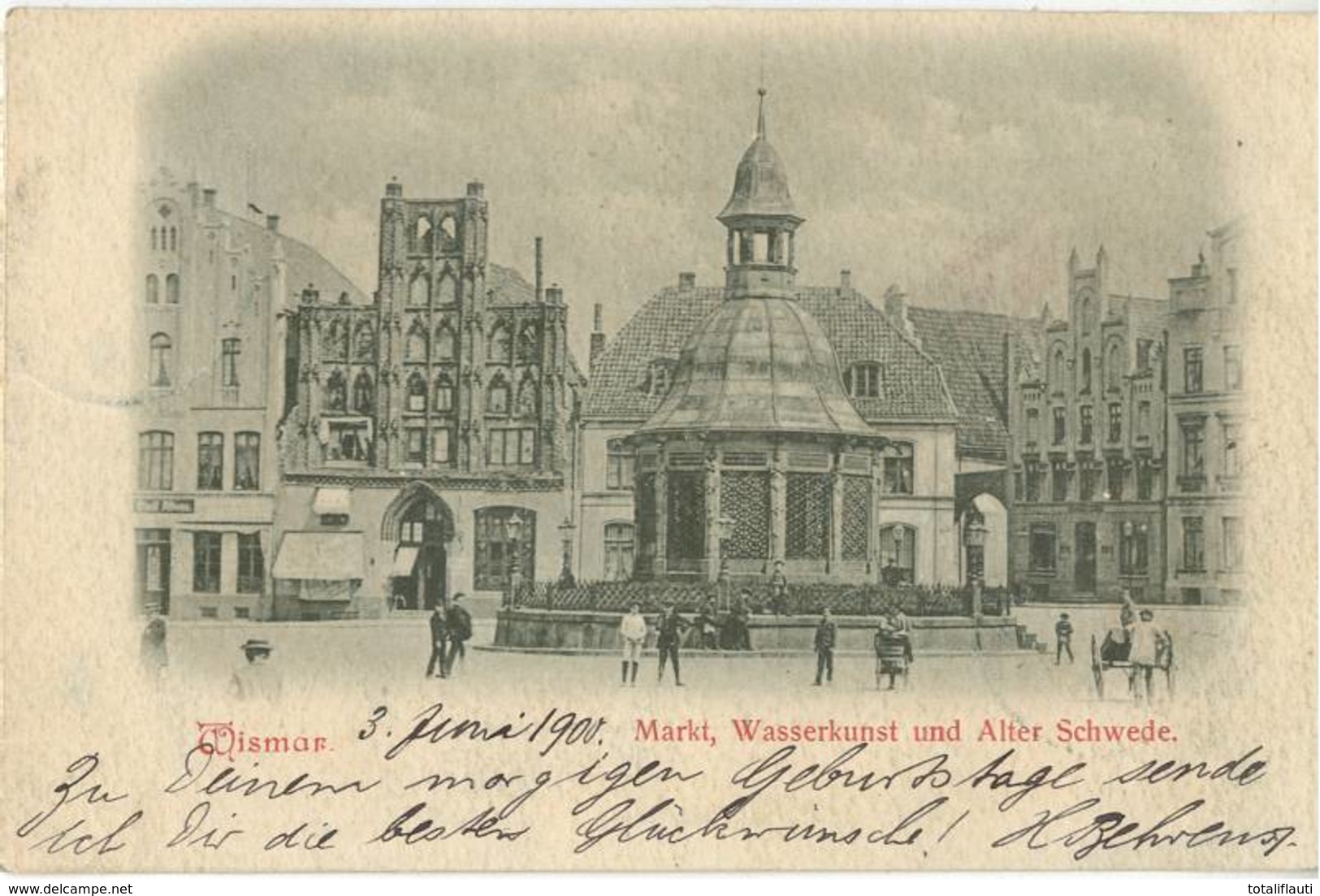 Wismar Markt Wasserkunst Alter Schwede Belebt Kinderwagen Straßenkehrer Mit Karren Rückseite Fürstenhof 3.6.1900 Rar! - Wismar