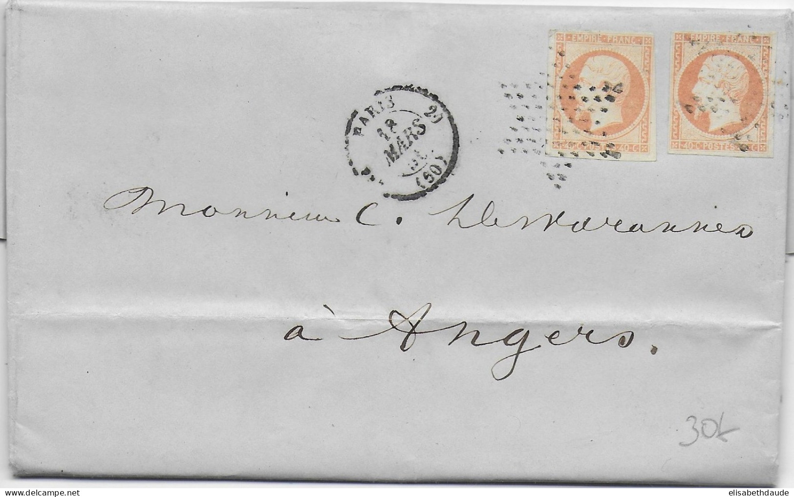 1856 - LETTRE 3° ECH De PARIS Avec ETOILE PLEINE => ANGERS - 1853-1860 Napoleon III