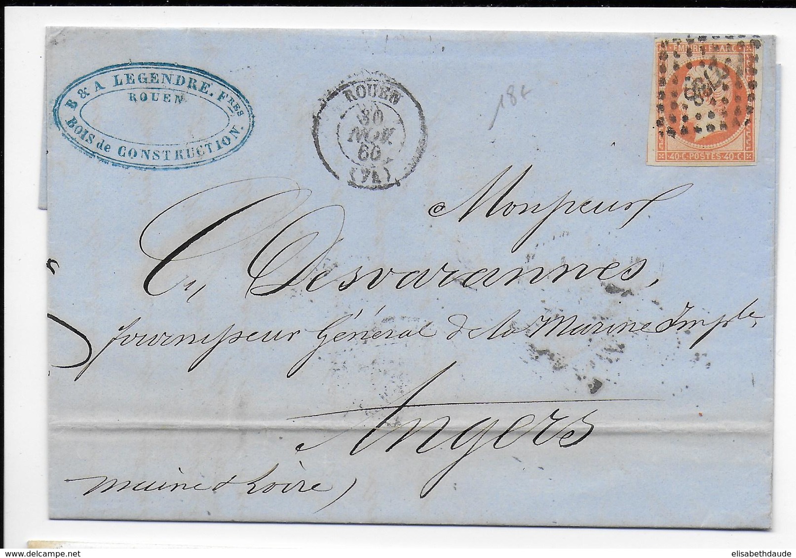 1860 - SUPERBE TEINTE 40c EMPIRE Sur LETTRE De ROUEN => ANGERS - 1853-1860 Napoleon III