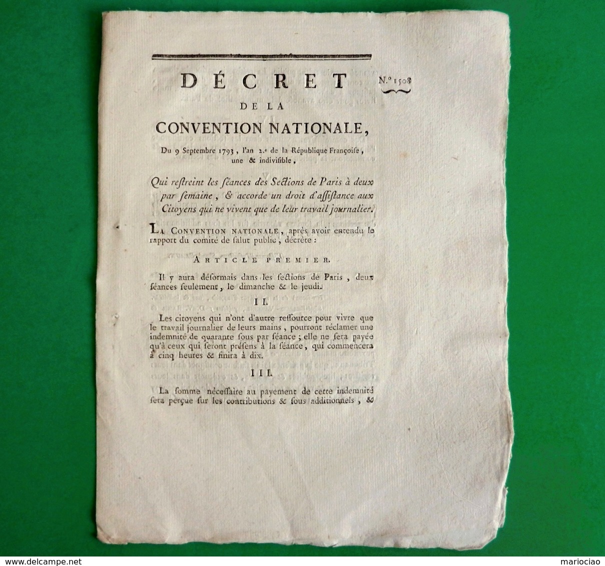 D-FR Révolution 1793 Indemnité Aux Membres Qui Ne Vivent Que De Leur Travail Signé Billaud-Varenne - Documents Historiques