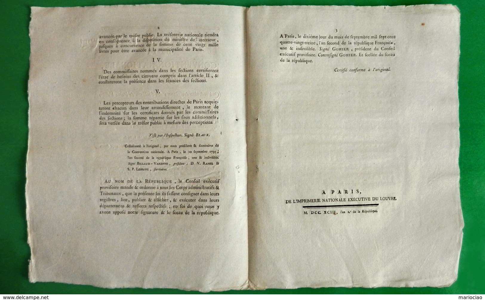 D-FR Révolution 1793 Indemnité Aux Membres Qui Ne Vivent Que De Leur Travail Signé Billaud-Varenne - Documenti Storici