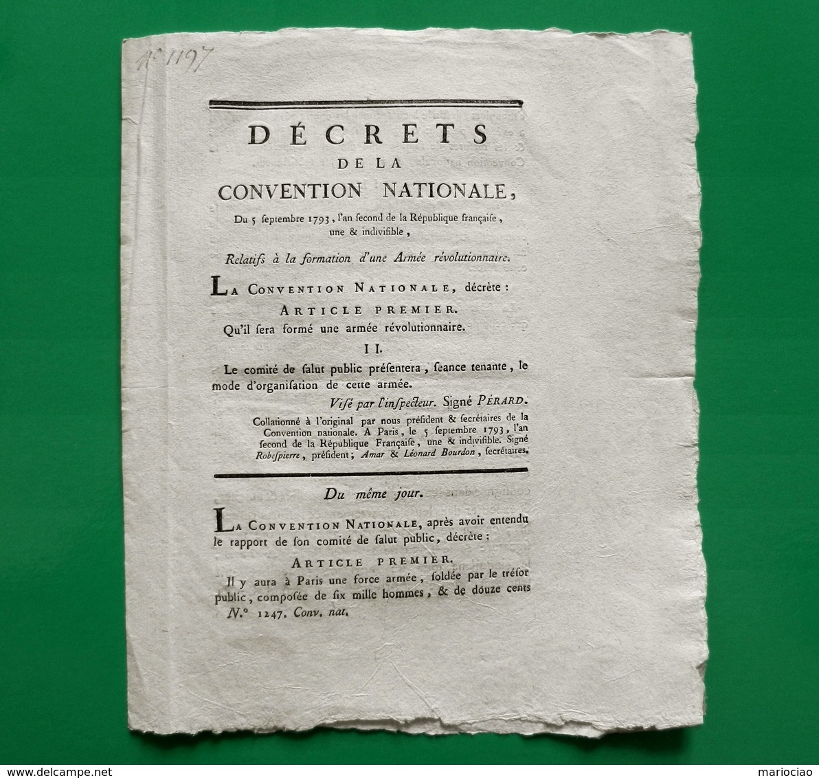 D-FR Révolution 1793 ROBESPIERRE Formation D'une Armée Révolutionnaire - Historical Documents