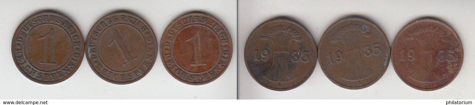 Allemagne  1 Reichspfennig  1933 A + 1935 A + 1935 G   Deutsches Reich - 1 Renten- & 1 Reichspfennig
