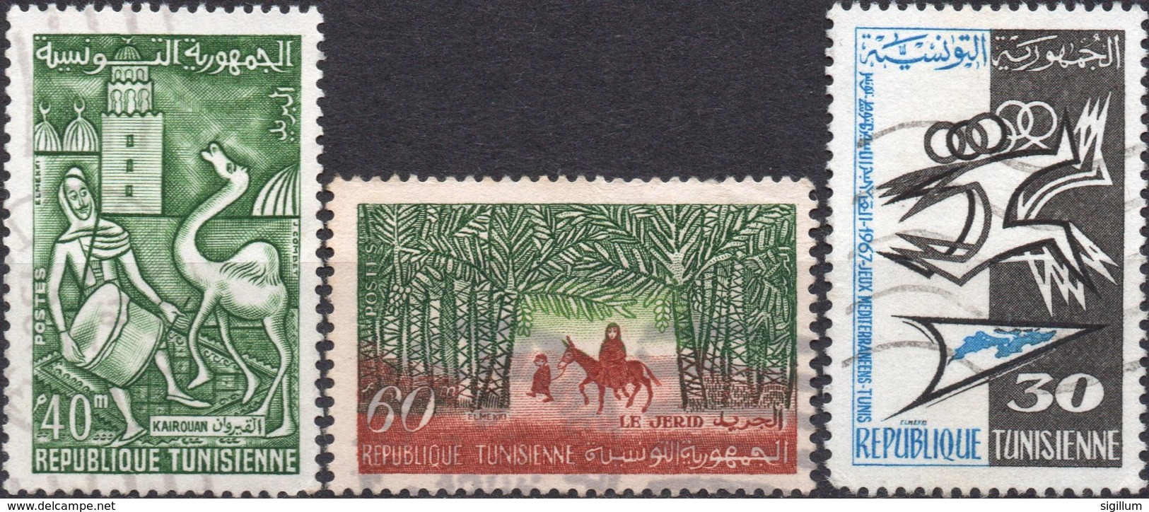 TUNISIA 1959/1967 - VITA IN TUNISIA, KAIROUAN E LE JERID + GIOCHI DEL MEDITERRANEO - 3 VALORI USATI - Tunisia (1956-...)