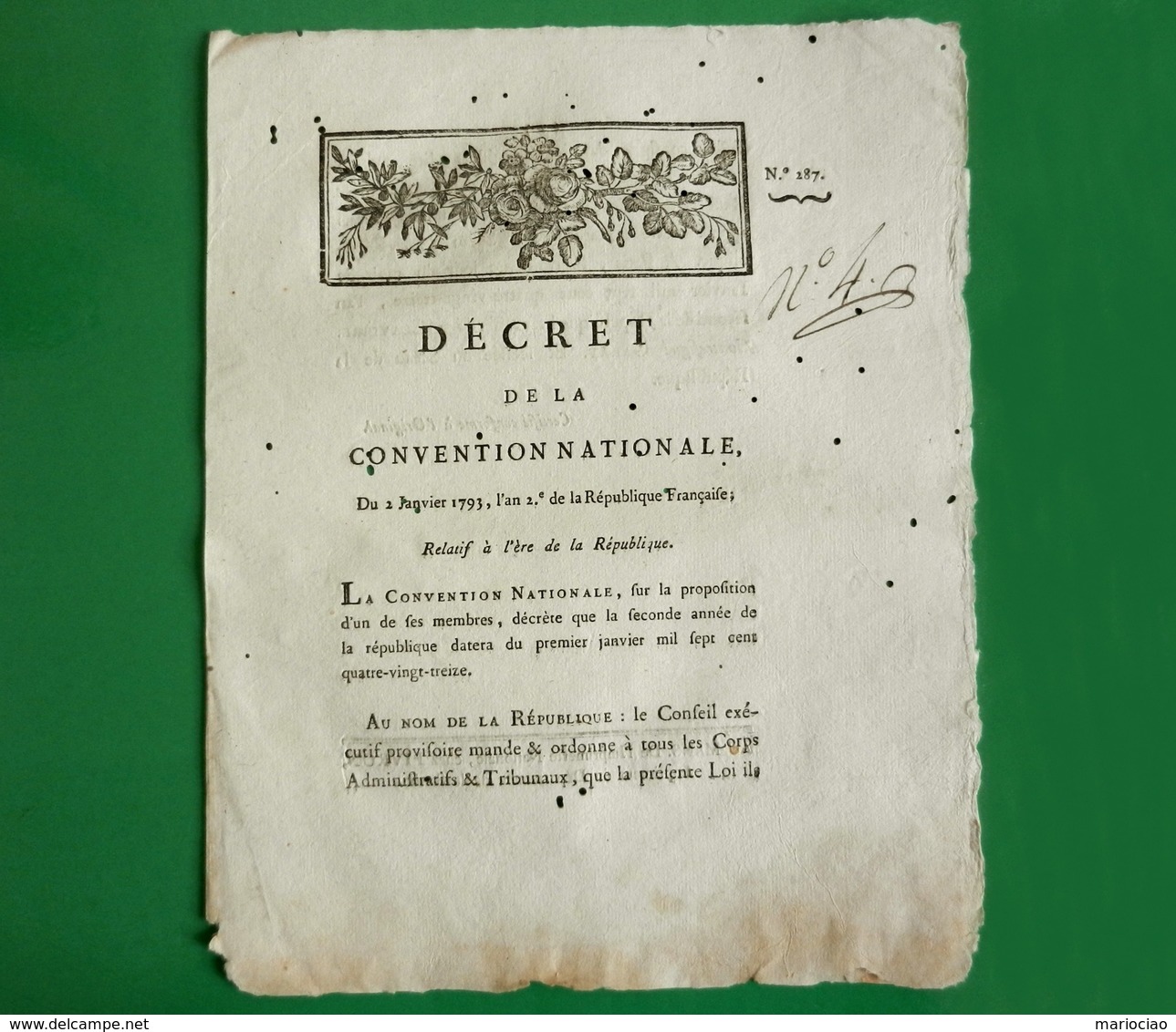 D-FR Révolution 1793 Décret De La Convention Nationale Relatif à L'ére De La République - Documents Historiques