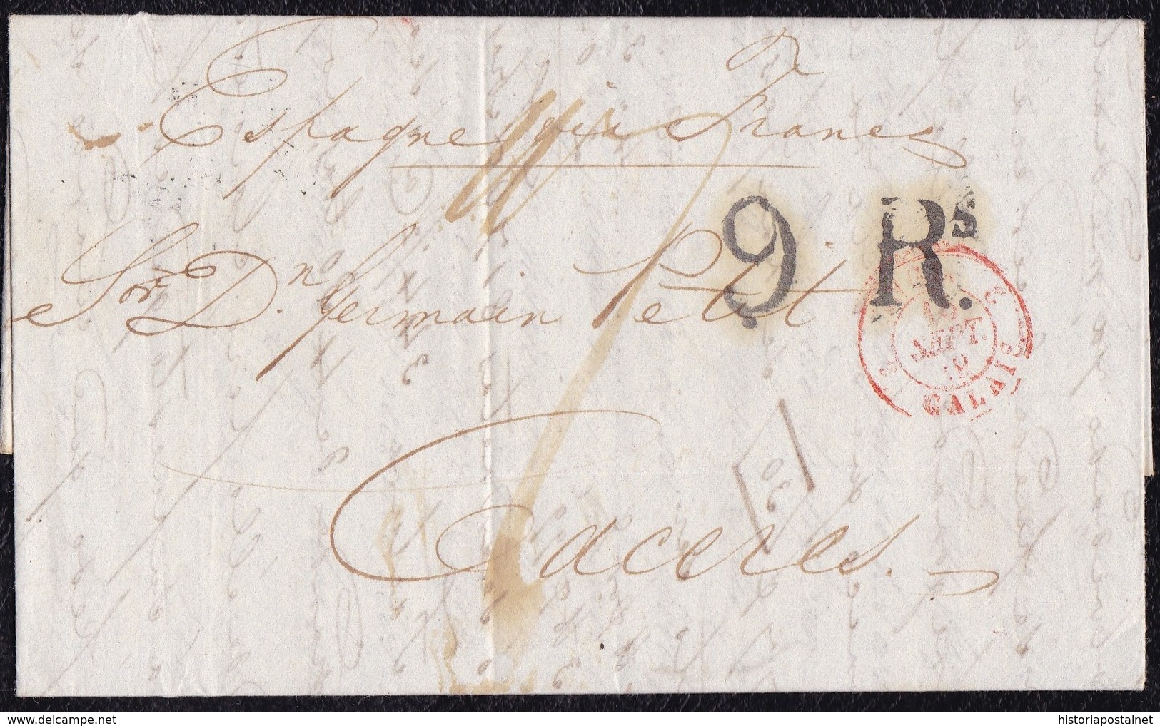 1839. LONDRES A CÁCERES. FECHADOR DE TRÁNSITO DE CALAIS. 1 CHELÍN Y 9Rs REALES NEGRO. AL DORSO FECHADOR. INTERESANTE. - ...-1840 Préphilatélie