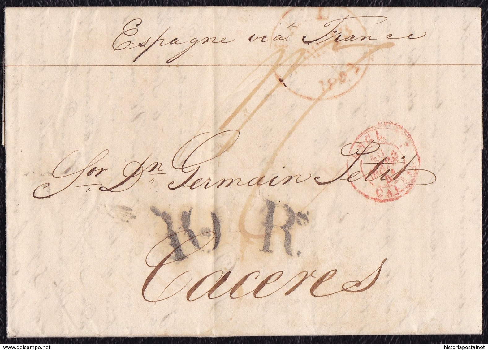 1841. LONDRES A CÁCERES. FECHADOR DE TRÁNSITO DE CALAIS. 1 CHELÍN Y 10Rs NEGRO. AL DORSO TRÁNSITO POR BAYONA Y ETIQUETA. - ...-1840 Préphilatélie