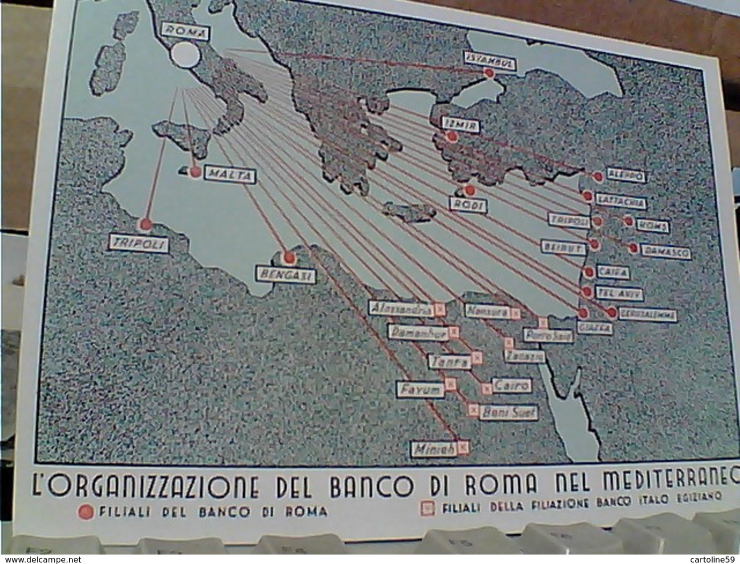 Cartolina Pubblicità Banco Di Roma - L'organizzazione Nel Mediterraneo 1940 E FILIALI BANCO ITALO EGIZIANO  N1940 GT2036 - Banques