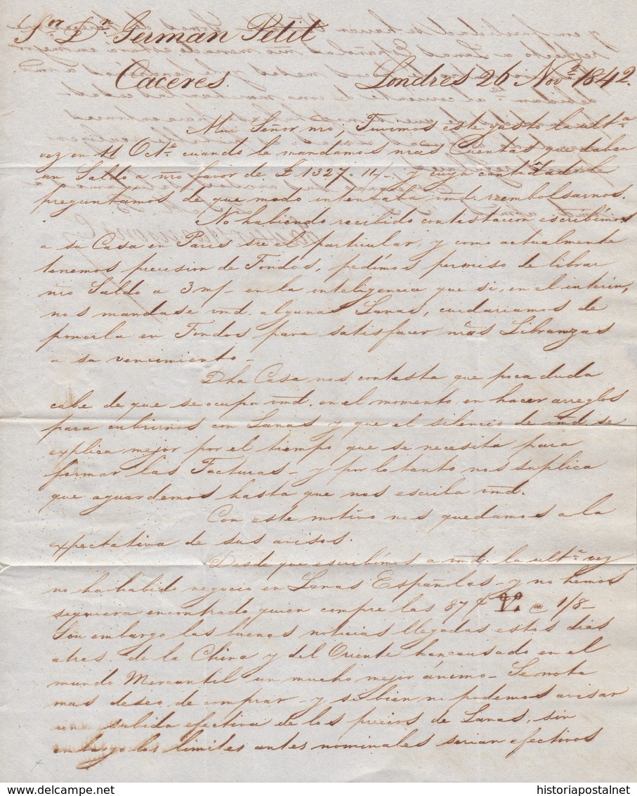 1842. LONDRES A CÁCERES. FECHADOR PAID DE SALIDA Y TRÁNSITO POR CALAIS. 1 CHELÍN Y 10Rs. AL DORSO FECHADOR Y TRÁNSITO. - ...-1840 Préphilatélie