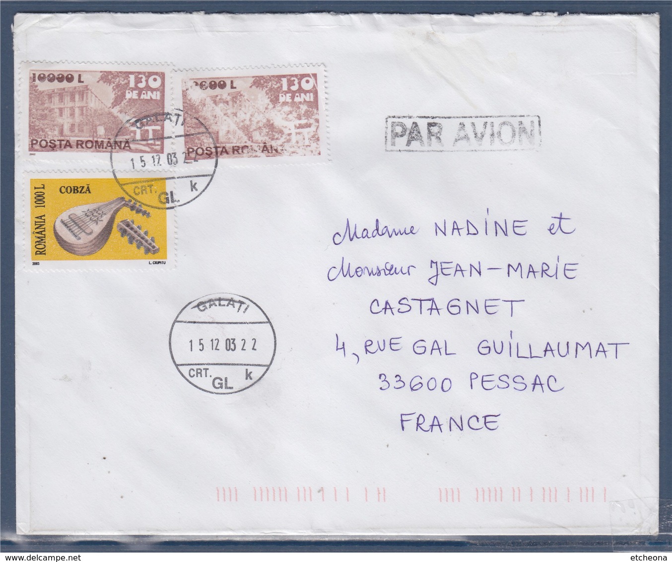 = Enveloppe Galati (Roumanie) à Pessac (France) 15.12.03 Avec 3 Timbres - Marcophilie