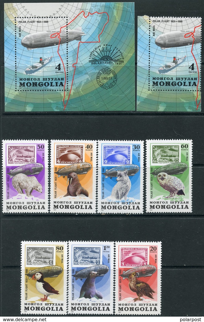 Y85 MONGOLIA 1981 1413-1420 + BL.76 50th Anniversary Of The Polar Flight "Graf Zeppelin". Aviation. Fauna. Birds - Polar Flights