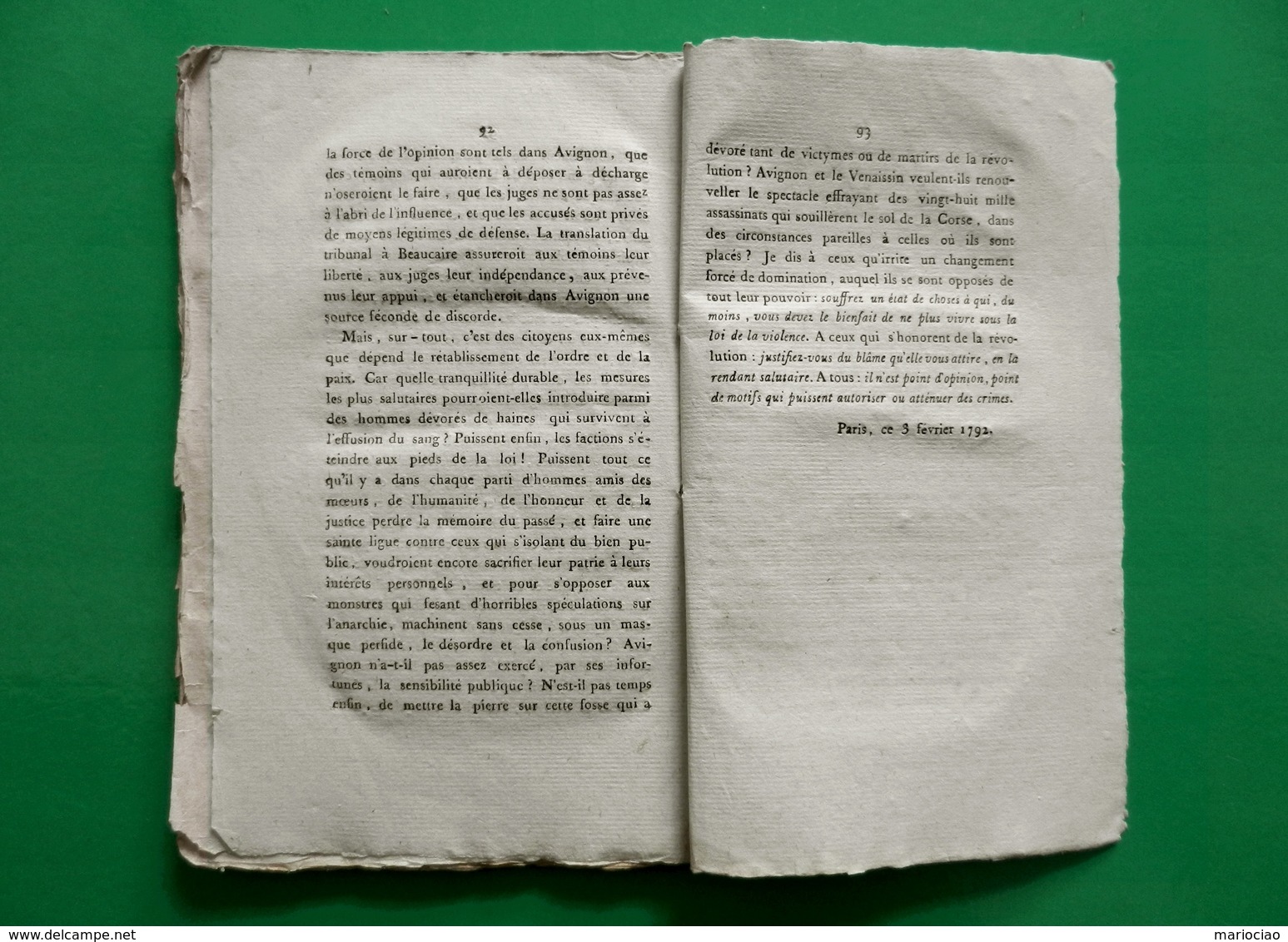 D-FR Révolution 1792 Des Troubles D'Avignon Et Du Comté Venaissin CARPENTRAS - Documenti Storici