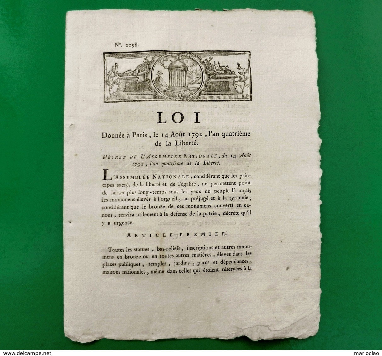 D-FR Révolution 1792 DANTON Convertir En Bouches-à-feu Tous Les Objets énoncés… - Historical Documents