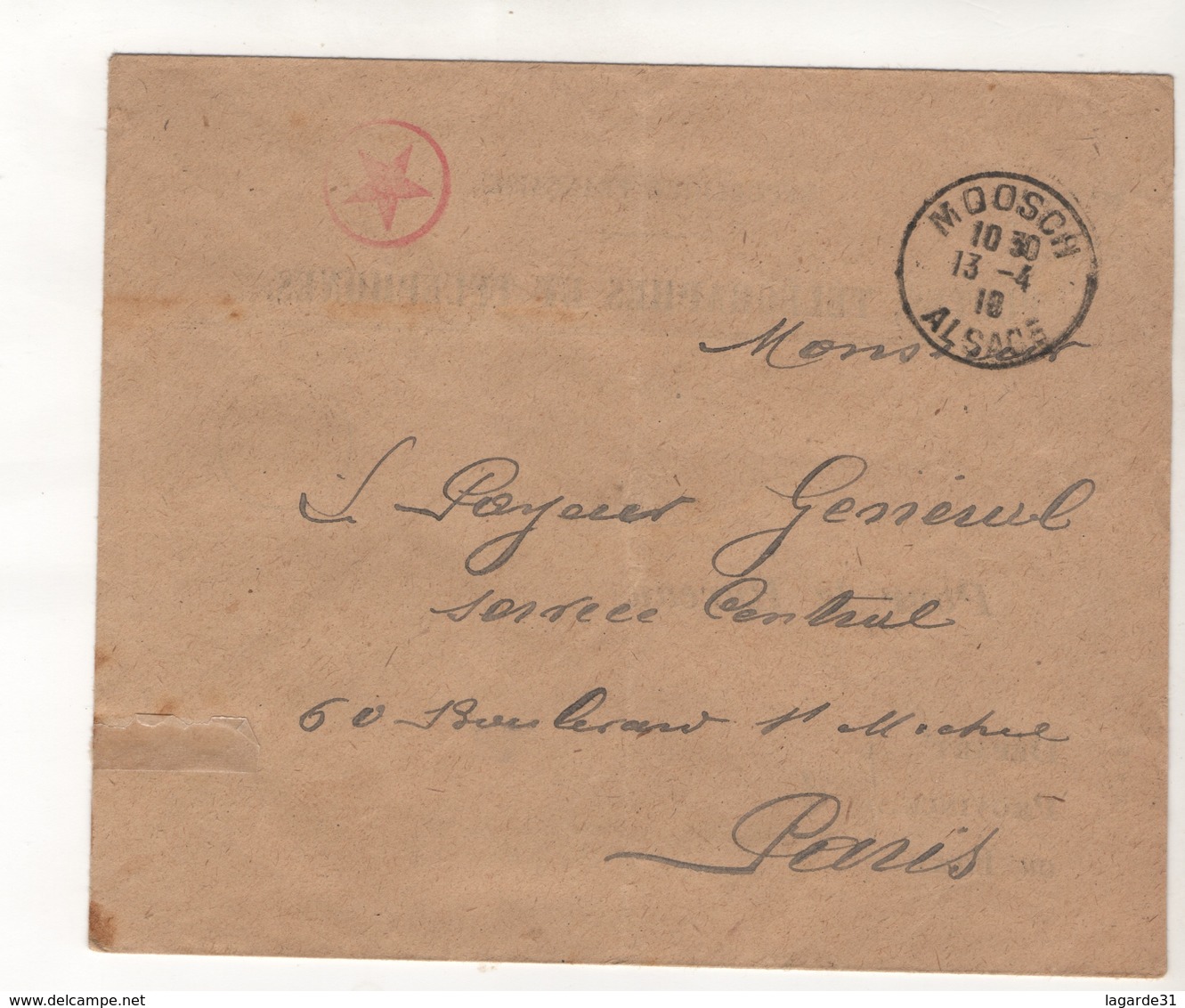 Sar04012 ENVELOPPE AVEC CACHET MOOSCH ALSACE 1918 Tampon Rouge étoile - Otros & Sin Clasificación