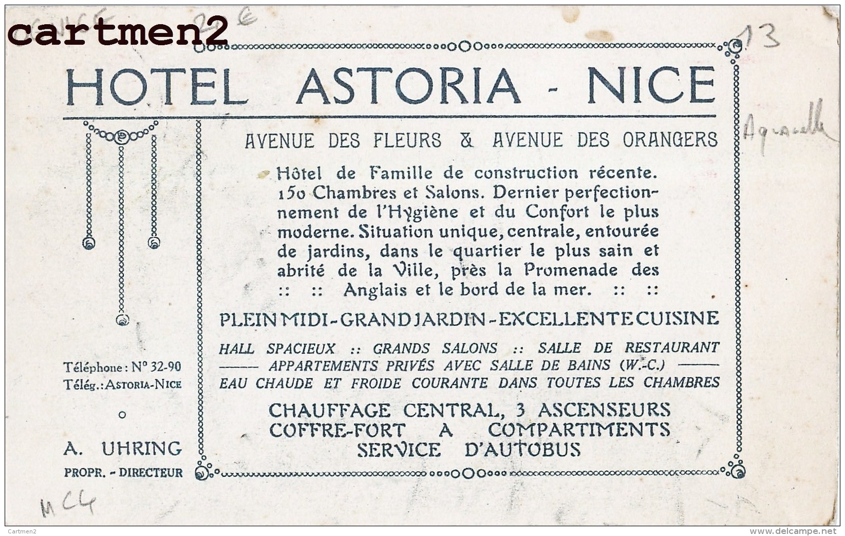 BELLE CPA AQUARELLE : NICE HOTEL ASTORIA AVENUE DES FLEURS ET DES ORANGERS ILLUSTRATEUR ART DECO PUBLICITE - Cafés, Hotels, Restaurants