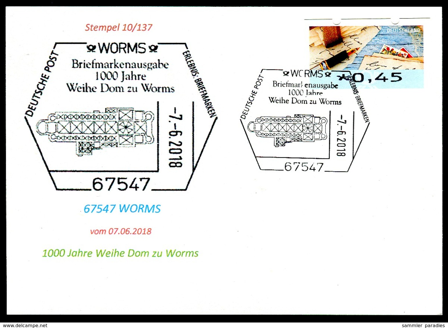 84388) BRD - SoST-Karte 10/137 - 67547 WORMS Vom 07.06.2018 - 1000 Jahre Weihe Dom Zu Worms, Kirche - Maschinenstempel (EMA)