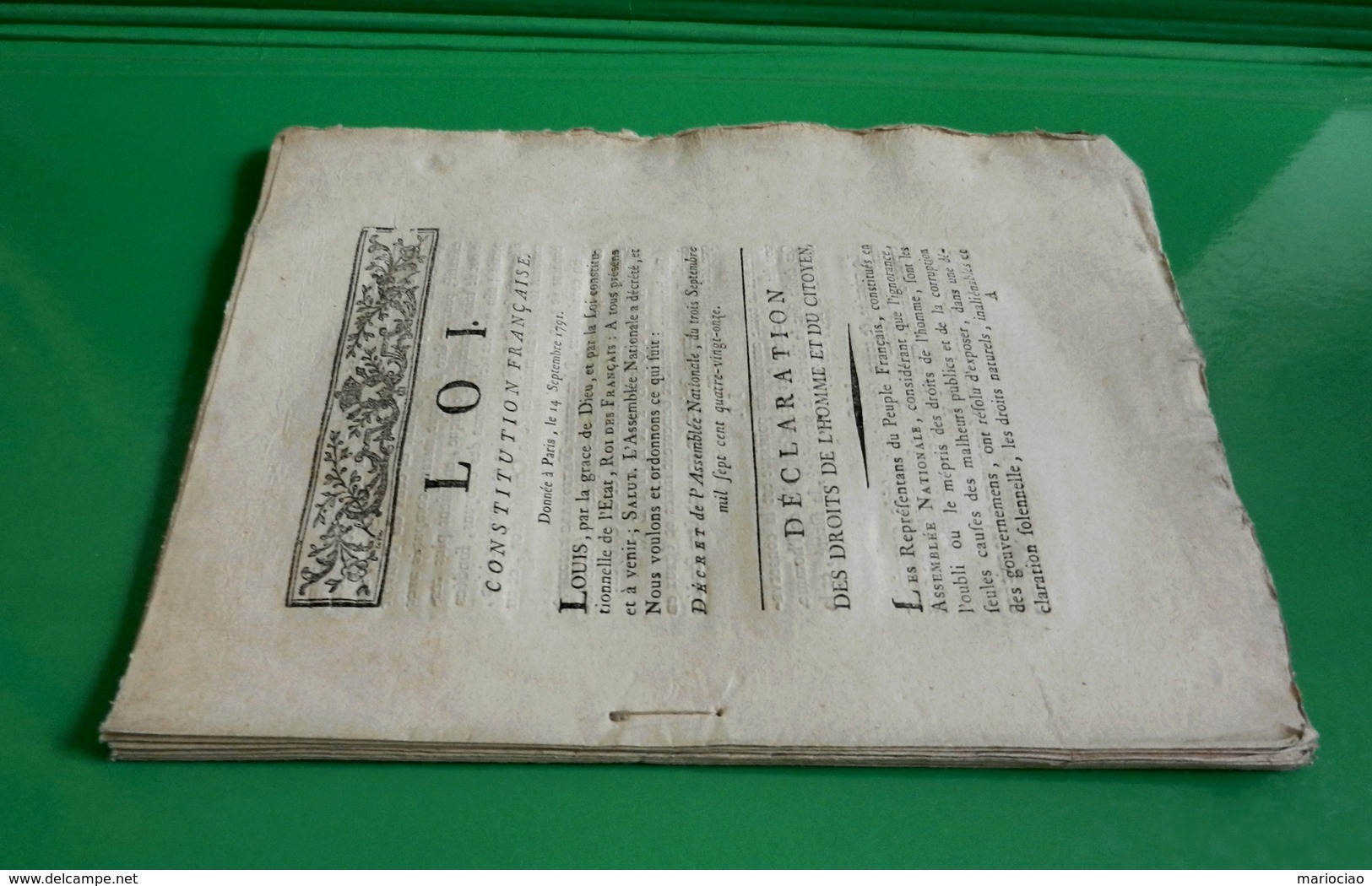 D-FR Révolution 1791 Constitution Française Donnée à Paris Le 14 Septembre 1791 - Historical Documents