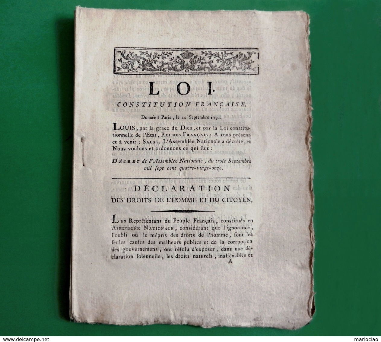 D-FR Révolution 1791 Constitution Française Donnée à Paris Le 14 Septembre 1791 - Historical Documents