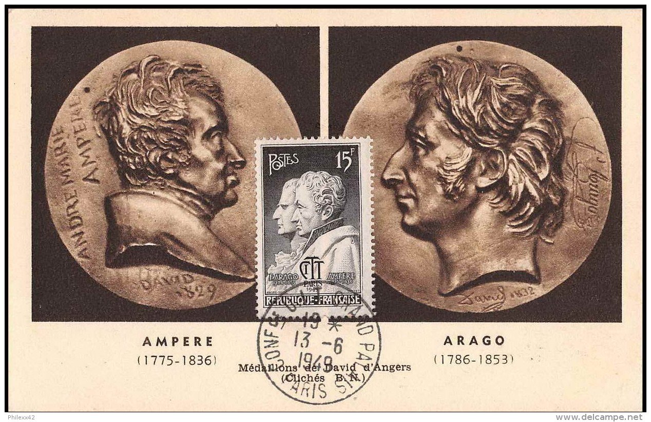 0598/ Carte Maximum (card) France N°845 F. Arago Et Ampère Congres De L Uit 13/6/1949 Fdc Premier Jour - ....-1949