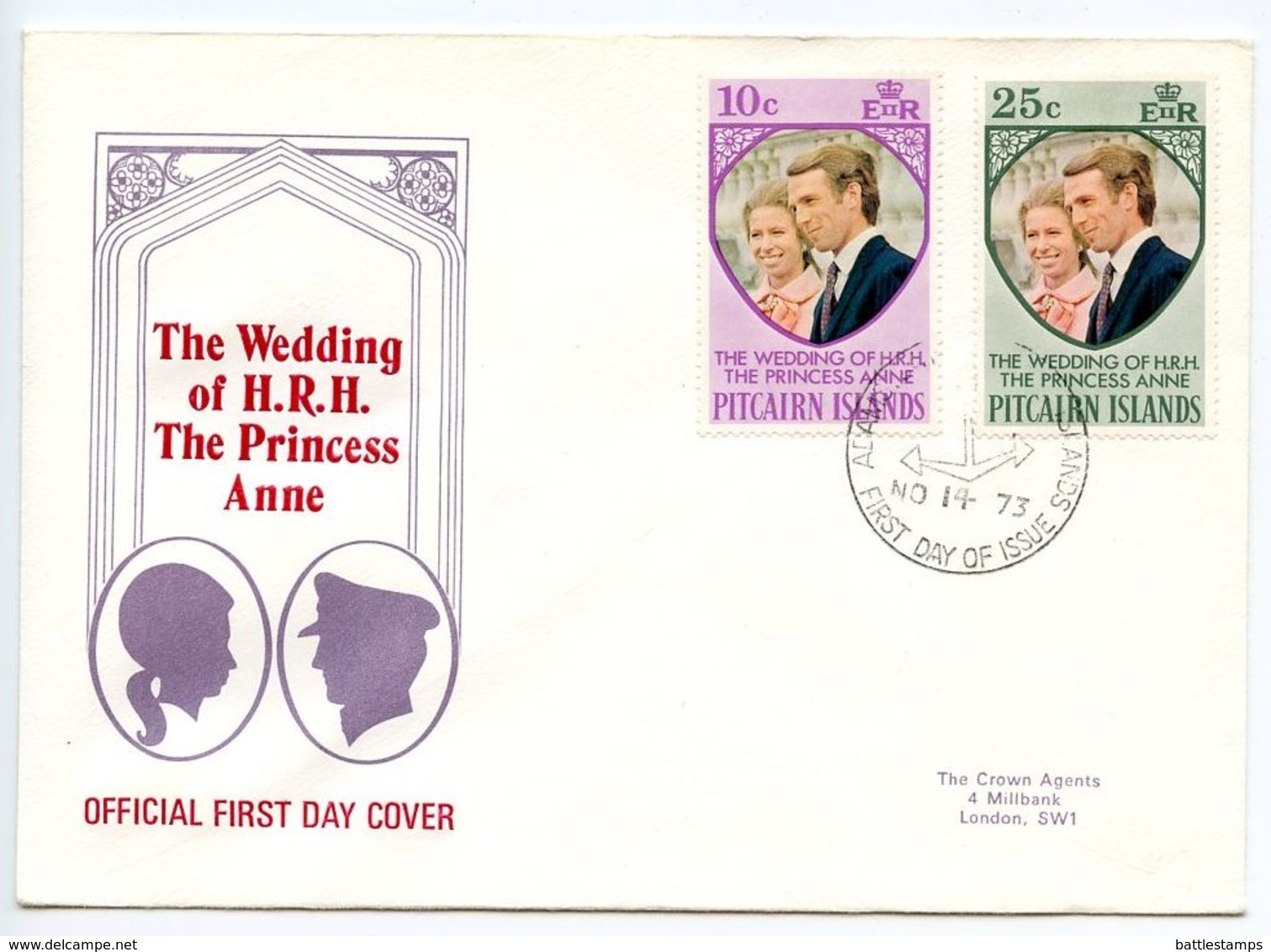 Pitcairn Island 1973 Scott 135-136 FDC Royal Wedding - Princess Anne - Pitcairn