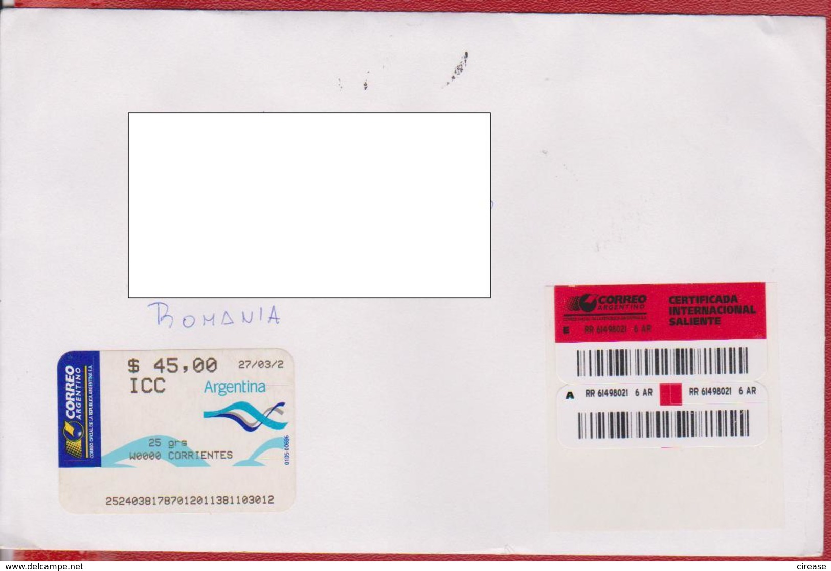 LETTER REGISTERED ARGENTINA SENT ROMANIA ATM STAMPS - Covers & Documents