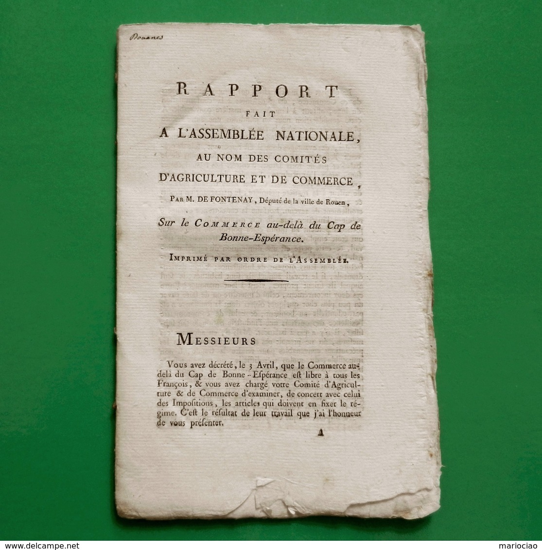 D-FR Révolution 1790 COMPAGNIE DES INDES Rapport Sur Le Commerce Au-delà Du Cap De Bonne-Espérance - Documenti Storici